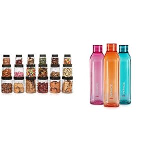 Cello Checkers Plastic PET Canister Set, 18 Pieces, Clear & Venice Plastic Water Bottle Set, 1 Litre, Set of 3, Assorted Combo