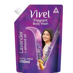 Vivel Exfoliating Body Wash, Lavender & Almond Oil Shower Gel Creme, 400 ml, Liquid Refill Pouch, for Glowing and Moisturised Skin Refill Pouch, All Skin Types