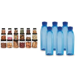 Cello Checkers Plastic Pet Canister Set, 18 Pieces, Clear & Cello Crystal Pet Bottle Set, 1 Litre, Set of 6, Blue