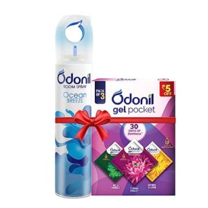 Odonil Spray & Gel Pocket Combo : Odonil Room Air Freshner Spray, Ocean Breeze – 220ml + Odonil Gel Pocket Mix – 30g (Assorted pack of 3 new fragrances) | For Home & Office | Long Lasting Fragrance