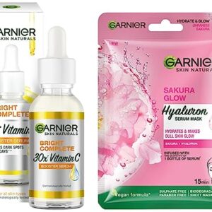 Garnier Skin Naturals, Sakura White, Face Serum Sheet Mask (Pink), 32g and Garnier Light Complete VITAMIN C Booster Face Serum 30 ml