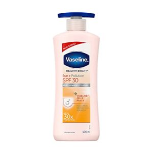 Vaseline Healthy Bright, Sun + Pollution Protection Daily Moisturizer, 400ml, for Glowing Skin, 2-in-1 Body Lotion with SPF 30, Fast Absorbing and Non-sticky, for Dry Skin, for Men & Women