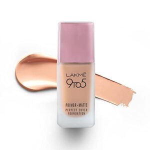 Lakme 9 To 5 Primer + Matte Perfect Cover Liquid Foundation, Full Coverage, Has A Built-In Primer For Poreless, Long Lasting MakeUp, Cool Ivory, 25ml