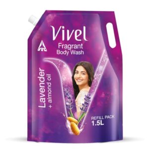 Vivel Exfoliating Body Wash, Lavender & Almond Oil, Fragrant & Moisturising Shower Gel, 1500ml, Refill Pouch, for Soft, Glowing and Moisturised Skin