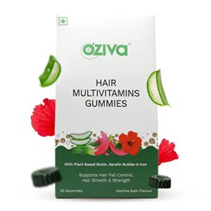 OZiva Biotin Hair Multivitamins Gummies for Stronger, Fuller, Shinier Hair | Hair Gummies with Keratin Builder, Iron & Vitamins B9, B6 & D | Raw Mango Flavour | No Added Sugar (Pack of 1, 30)