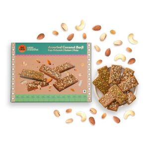 GO DESi Assorted Coconut Barfis, 200 grams, Indian Sweets Gift Pack, DESi Meetha, Dry Fruits Gift, Almond Cashew Raisin Pista Bar, Sweets Indian Mithai