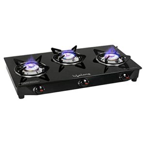 Lifelong LLGS18 Glass Top 3 Burner Gas Stove, Manual Ignition, LPG Compatible, Black (ISI Certified, Door Step Service, 1 Year Warranty)