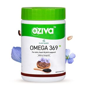 OZiva Plant Based Omega 3 6 9 Multivitamin Supplement for Men & Women (1000 mg Vegan Omega Oil Concentrate with Flaxseed & Blackseed Oil) Fatty Acids (Omega 3 6 9, 60 Capsules)