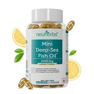 Neuherbs Mini Deep Sea Omega 3 Fish Oil 1000 mg With Lemon Flavour- 2X Omega 3 With Vitamin D3 & E Promote Brain, Heart & Bone Health | No Fishy Burps/After Taste | 60 Softgels (30 Days Supply)