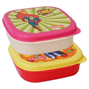 WONDER Prime Plastic Kit Kat Lunch Box Set, 2 Pc Lunch Box Small with Saparate Container & Spoon & Fork, Red Yellow Color,