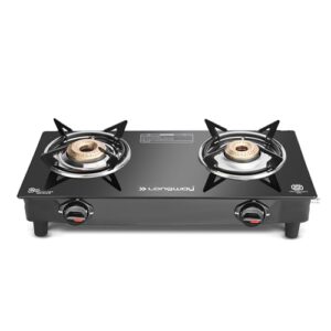 Longway Furn Glass Top, 2 Burner Manual Ignition Glass Gas Stove (Black, ISI Certified, 1 Year Warranty)