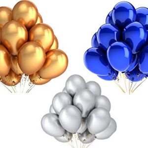 Vail Creations MADE in INDIA 12 inch HD Metallic Finish Balloons for Birthday/Anniversary Party Decoration (Gold + Silver + Blue, Pack of 50)