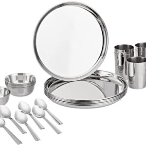 Amazon Brand – Solimo Stainless Steel Heavy Gauge Solid Dinner Set, 24 Pcs | Mirror Finish I Bhojan Thali Set I Dinnerware Set for Kitchen I Dishwasher Safe