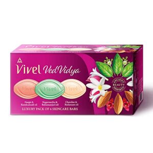 Vivel VedVidya Luxury Pack of 6 Skincare Soaps for Soft, Even-toned, Clear, Radiant and Glowing Skin, Suitable for all Skin types, 600g (100g – Pack of 6), Soap for Women & Men, For All Skin Types