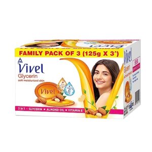 Vivel Glycerin Bathing Bar Soap for Soft Moisturized Skin with Pure Almond Oil & Vitamin E, 375g (125g – Pack of 3), Soap for Women & Men, For All Skin Types