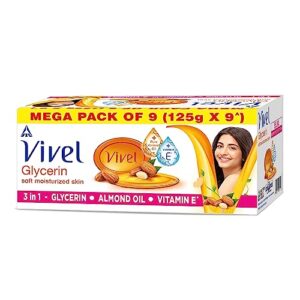 Vivel Glycerin Bathing Bar Soap for Soft Moisturized Skin with Pure Almond Oil & Vitamin E, 1125g (125g – Pack of 9), Soap for Women & Men, For All Skin Types