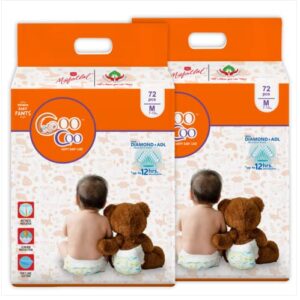 Coo Coo Extra Dry Baby Pullup Diaper Pant Size Medium-M (144) Count Upto 7-12 Kg Super Absorbent Core Up to 12 Hrs Protection Soft Elastic Waist & Leakage Protection Size Medium-M (144 Pieces), White